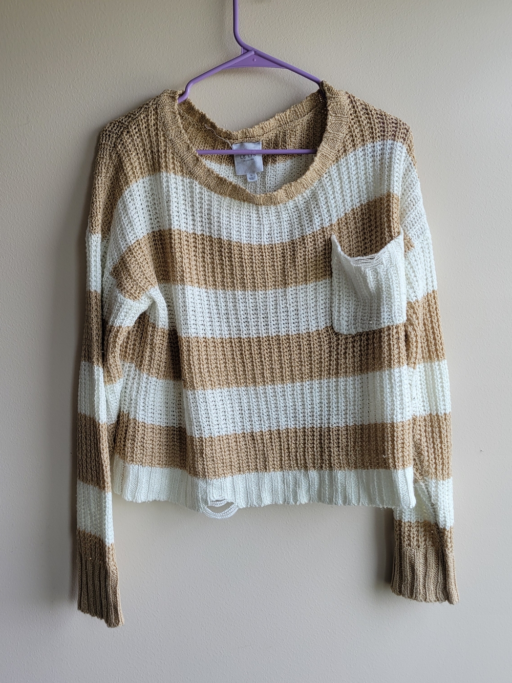 Striped Beige and White Knit Distressed Sweater
